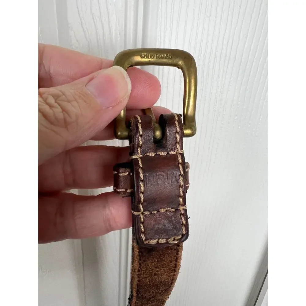 Brown Genuine Leather Belt Contrast Stich Detail Brass Buckle .75